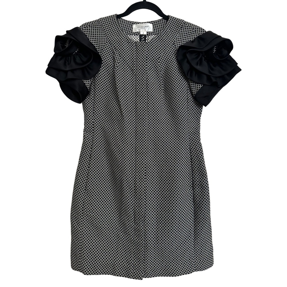 Jill Stuart Collection 100% Wool Shift Dress Black White Rosette Sleeve 2